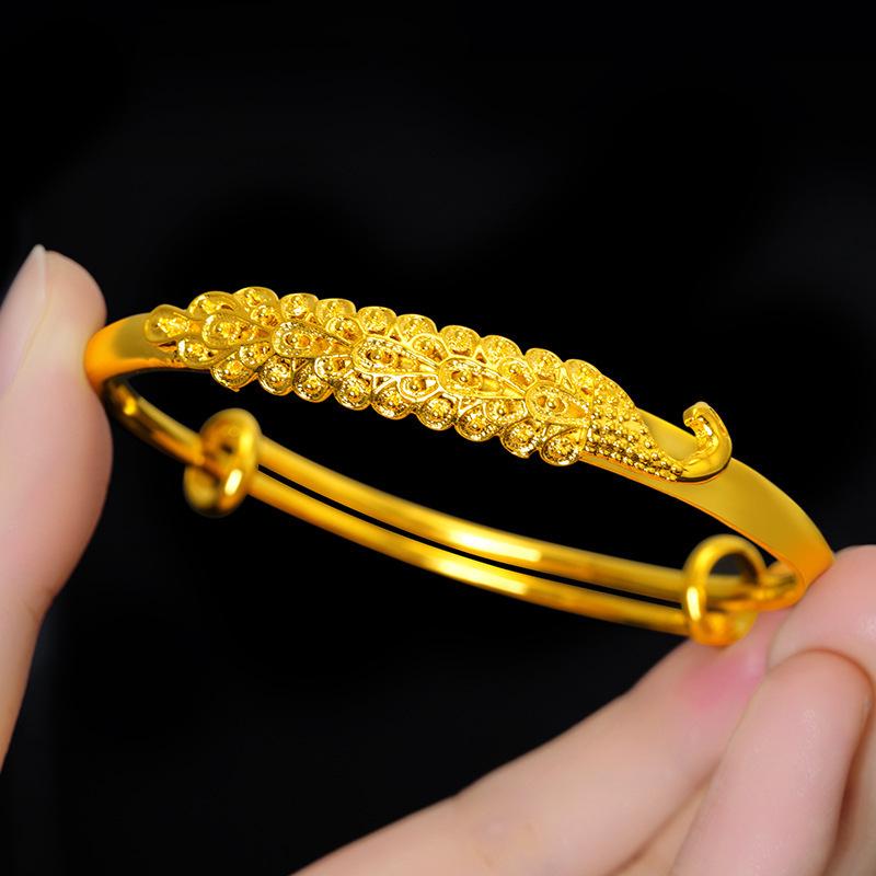 Vietnamese Sand Gold Peacock & Dragon Bracelet: Retro Silk Peony Design, Copper-Plated, Brings Auspiciousness, Noblewoman Jewelry.