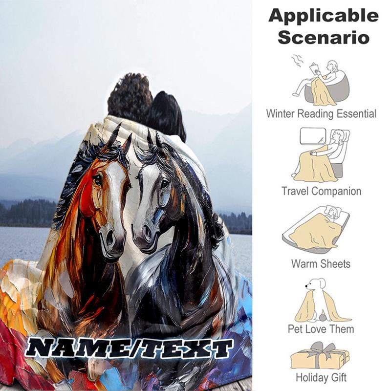 1PC Custom Name Horse Love Artwork Outdooor Flannel Blankets Throw Blanket All-Season Throw Gift Bedspread for Couch, Bed, Camping Holiday Birthday Gi