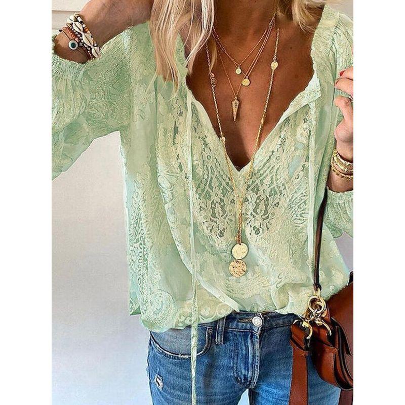 

Pullover Commuter Loose European and American Lace Hollow Lace Solid Long sleeve Wooden Ear Lace Shirt Lace Shirt Light green M