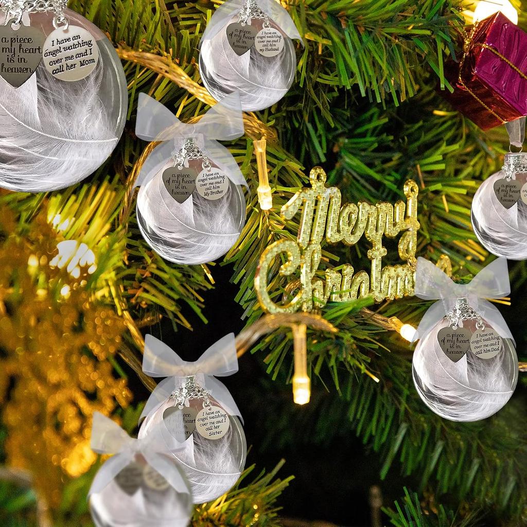 Clear Christmas Memorial Ornament Feather Ball, A Piece of My Heart is in Heaven, Christmas Tree Memorial Hanging Pendant Gift for Mom, Dad, Son,