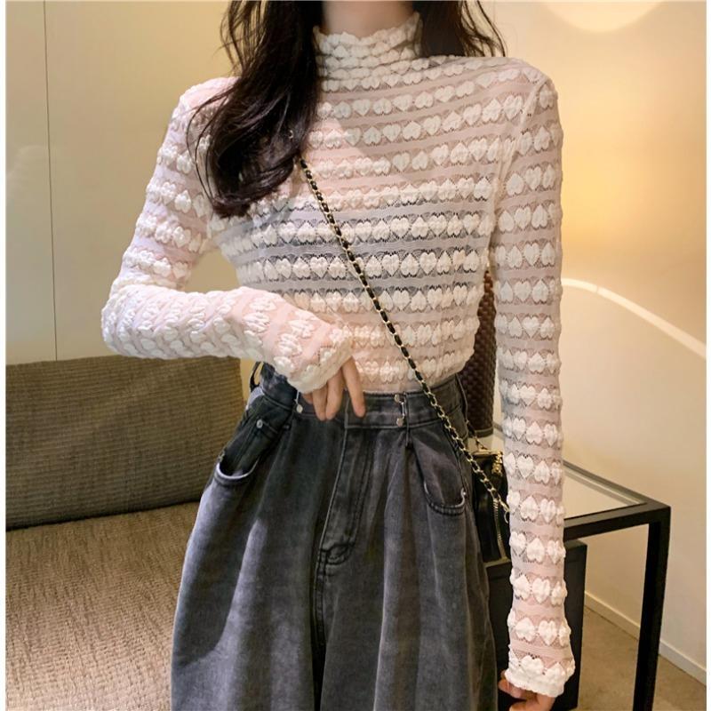 Spring New Mesh Love Lace Base Shirt Korean Style Half High Collar Solid Color Hollow Long Sleeve Base Shirt