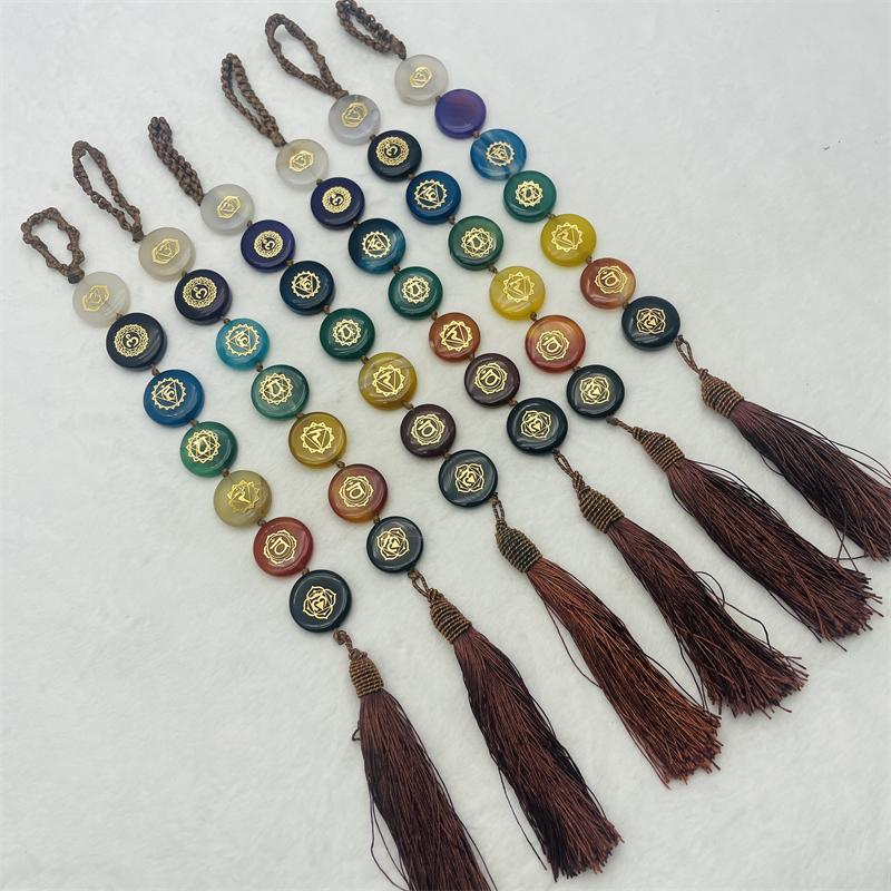 Natural Agate Jade Car Hanging Handmade 7 Chakra Gemstone Crystal Tumbled Stone With Evil Eye for Car Decoration (as the picture,One Size)