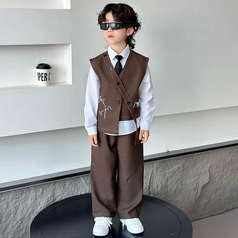 4 PCS Set Spring Summer  Boy Retro Stripes TShirt+Pants +Vest Kid Children Baby Gentleman Handsome Streetwear Party Clothes