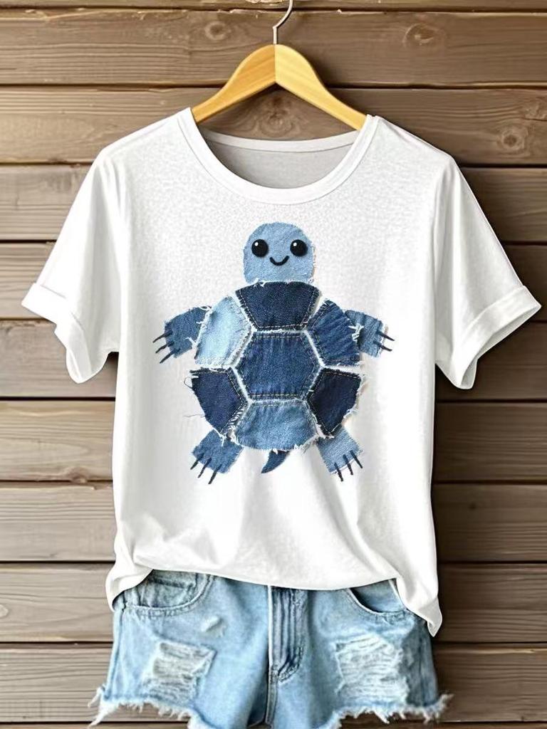 European & American 3D Printed Denim Pet Dog Round Neck Short Sleeve Women's Casual Loose Top, 2026 Style