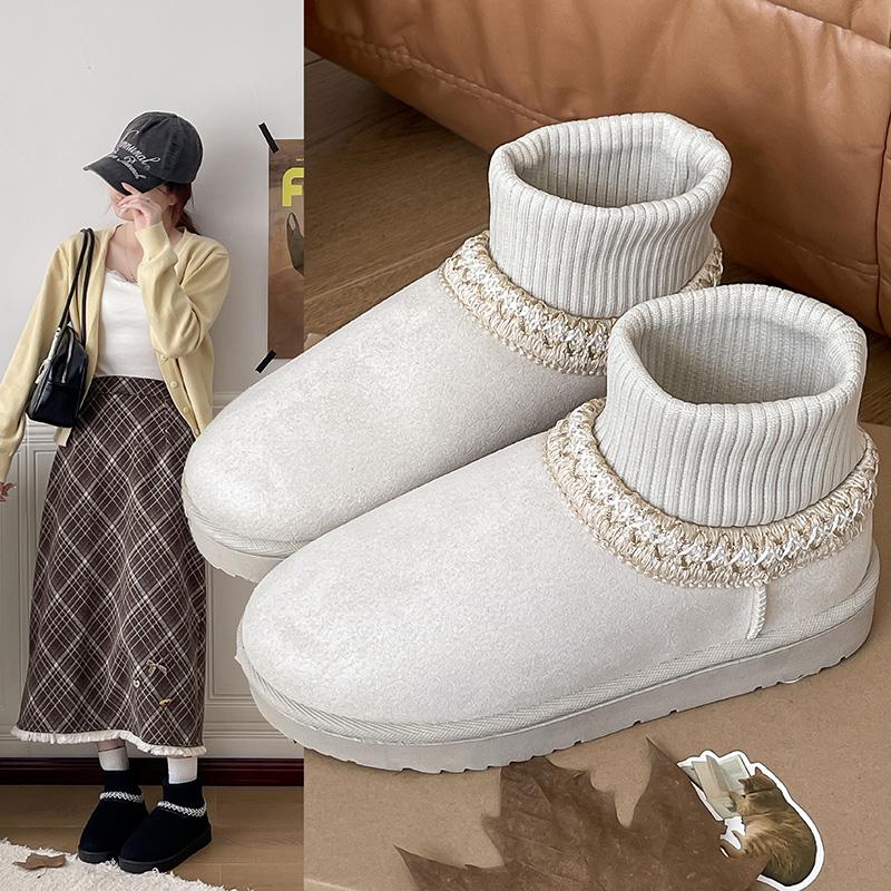 Casual Ethnic Style Embroidered Snow Boots Women  Soft Bottom Short Plush Winter New Warm Knitted Chelsea Boots Plus Size 42
