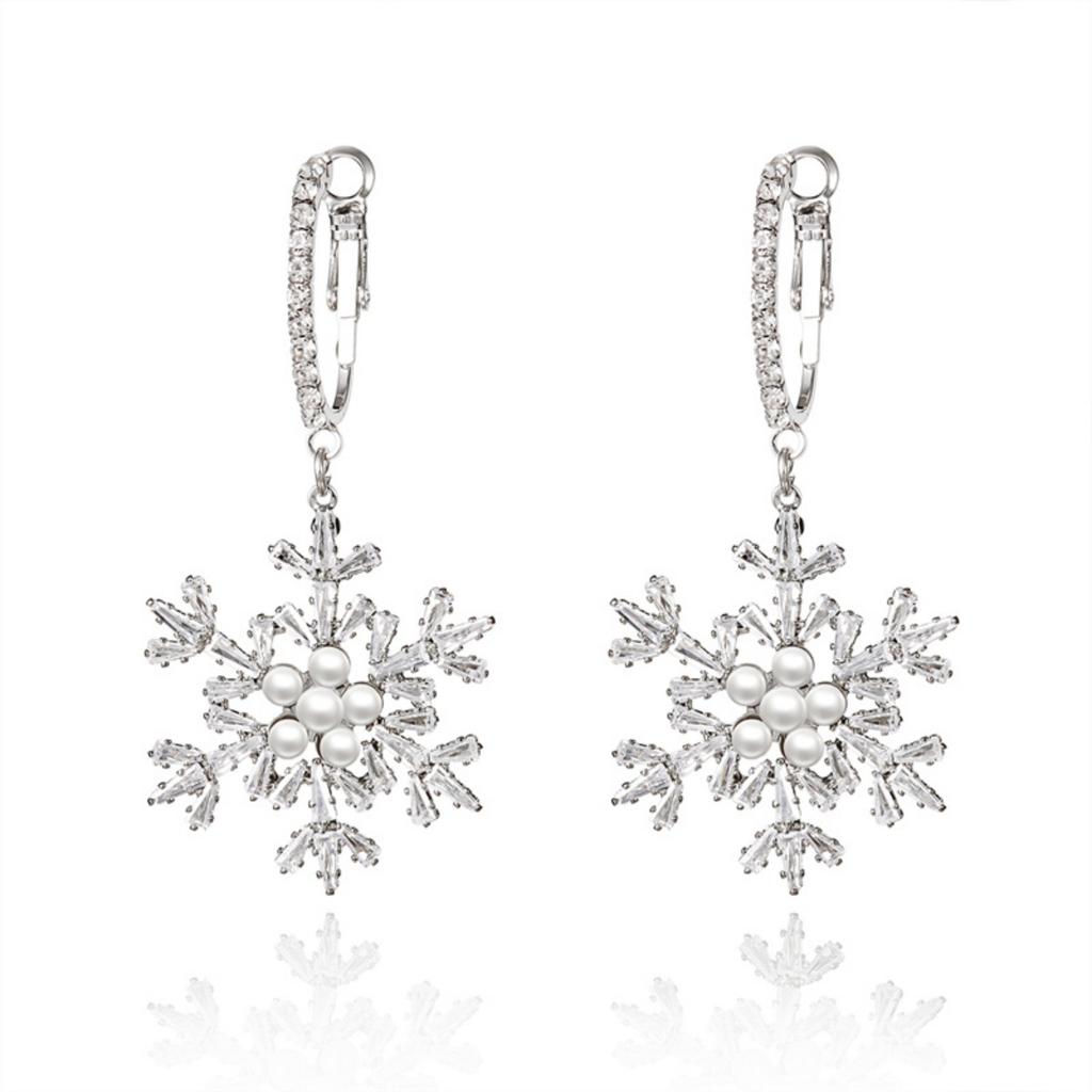 Christmas Shiny Zircon Imitation Pearl Snowflake Drop Earrings Elegant Snow Flower Earrings Holiday Jewelry Gifts For Women Men