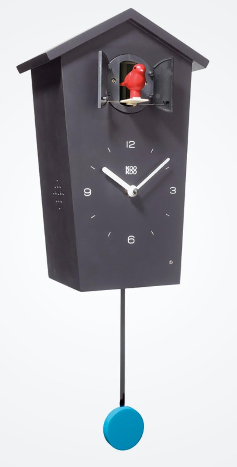 

KOOKOO Birdhouse, Black. This pendulum clock features 12 bird sounds to tell the time. Enjoy the sounds of 12 different birds. This modern, German-des