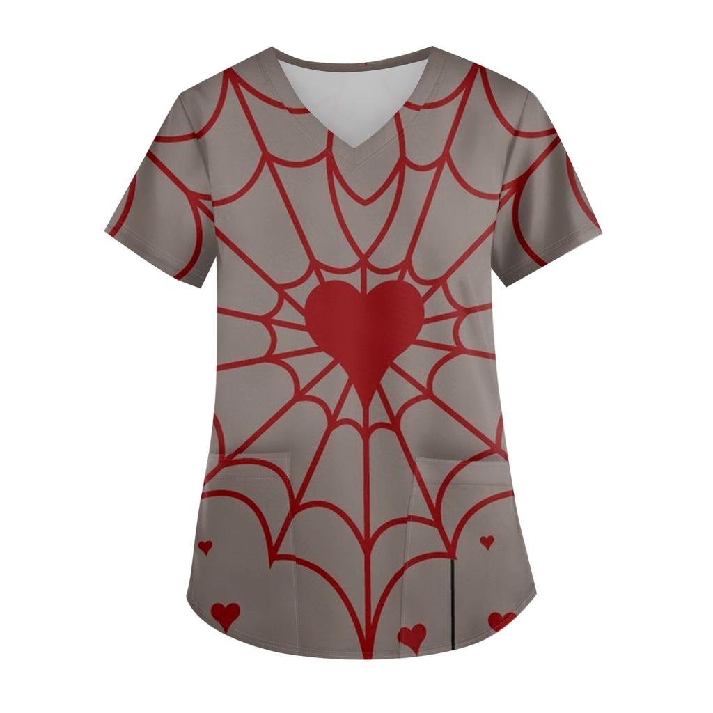Ladies' Valentine's Day Printed Fashionable V-neck Pocket Short Sleeved  Uniform And Caregiver Top