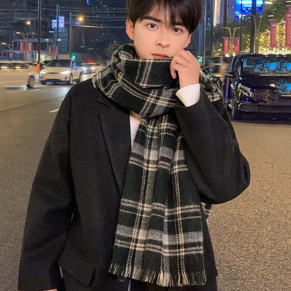 Long Men Thick Shawl Warm Double-sided Scarf Large Plaid Knitted Scarf Autumn