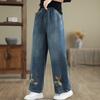 LangSha Women's Retro Embroidered Straight-Leg Jeans