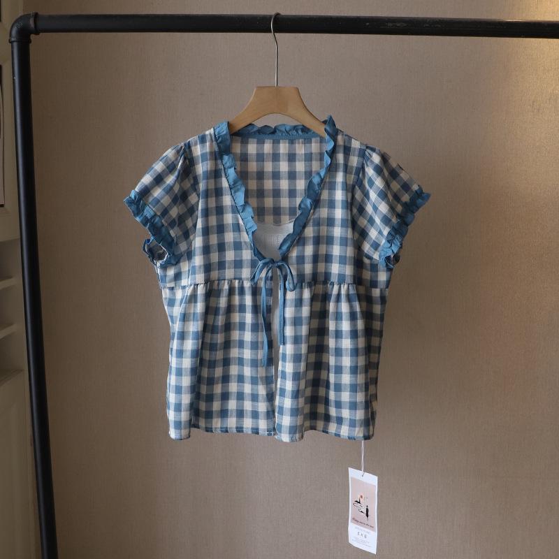 

[Bi Zheng] 2025 Summer Korean Style Ruffle V-Neck Plaid Tie-Up Short Sleeve Two-Piece Look Shirt 4183 One Size синий