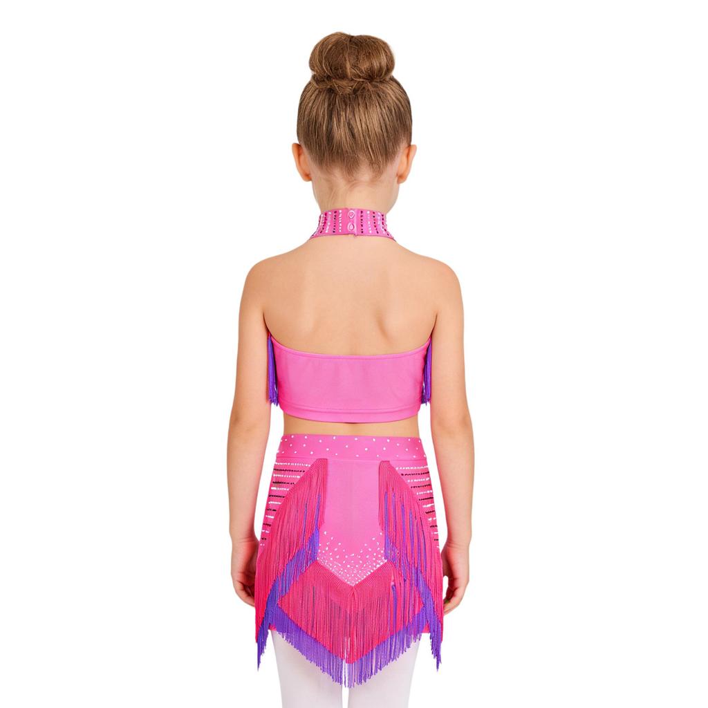 Eye-Catching Latin Dance Top with Skirt for Girls: Halter Neck Rhinestone Tassel Crop Top & Attached Briefs Skirt for Recital