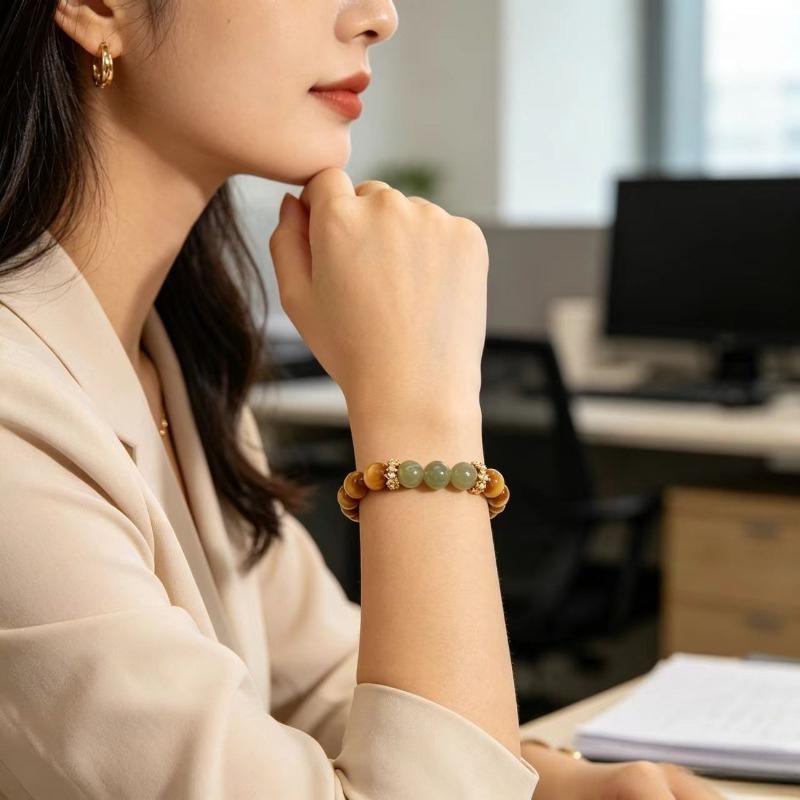 Vintage Gold Plated Tiger's Eye & Green Jade Beaded Bracelet for Women, Mixed Material Elegant Charm Wrist Jewelry Gift