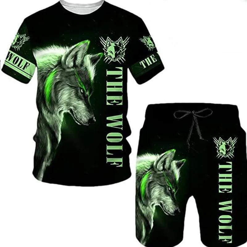 2 Piece Set Mens Retro 3D Printed Summer Suit Round Neck T-shirt Animal Fashionable Loose Sports Shirt