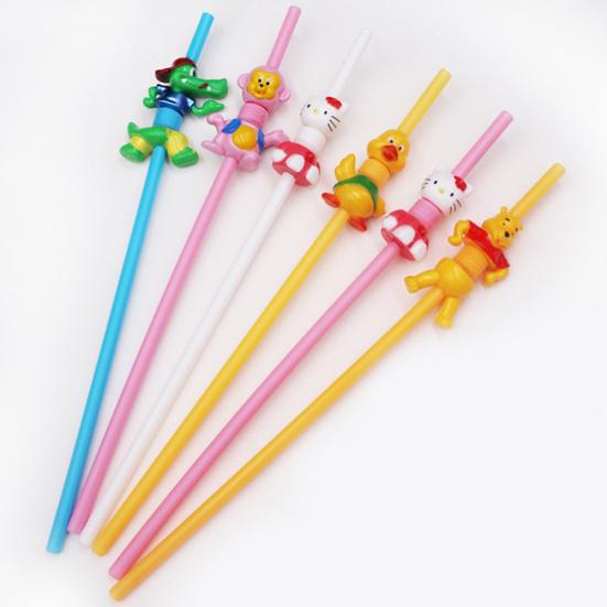 Plastic Cartoon Animal Cat Duck Reusable Drinking Straw Beverage Pipe with Brush
