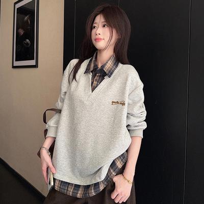 Polo Collar Gray Sweater Fake Two Pieces New Plaid Embroidery Autumn Loose and Versatile Leisure College Style Girl