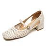 Great Good To Wear French Single Shoes Women's Spring and Summer Hollow Woven Square Head Medium Heel Thick Heel Leather Beige Sandals Women