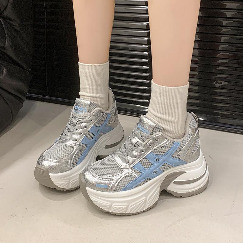 Fashion 6.5cm Air Mesh Micrifiber Leather Breathable Vulcanize Summer Chunky Sneakers Hollow Casual Platform Wedge Women Shoes