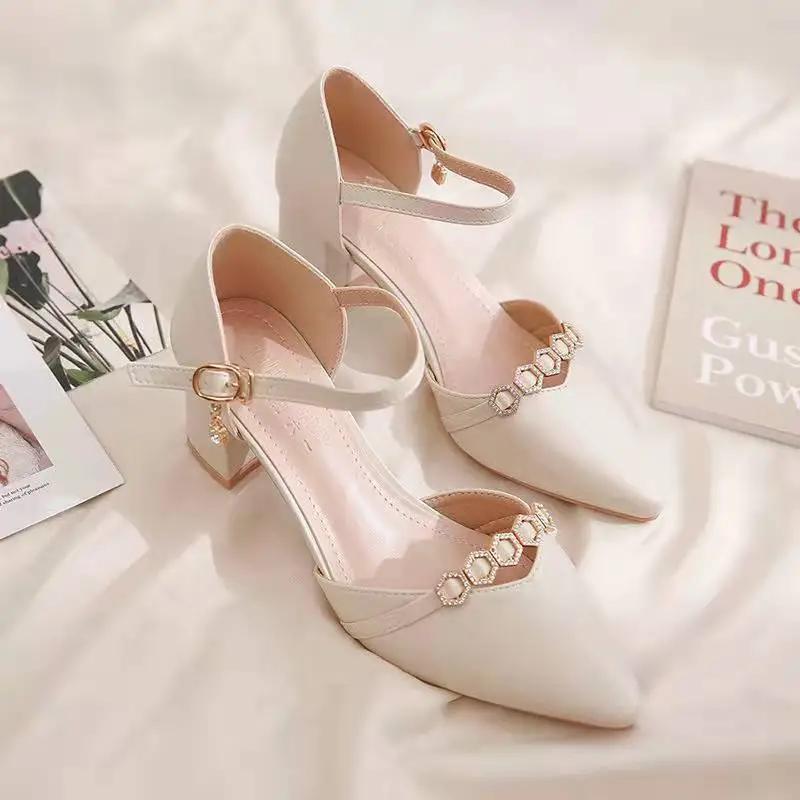 Zapatos De Mujer Women Fashion Black Pu Leather Buckle Strap Square Heel Shoes Lady Leisure Office Career Work Beige Pumps Ba176