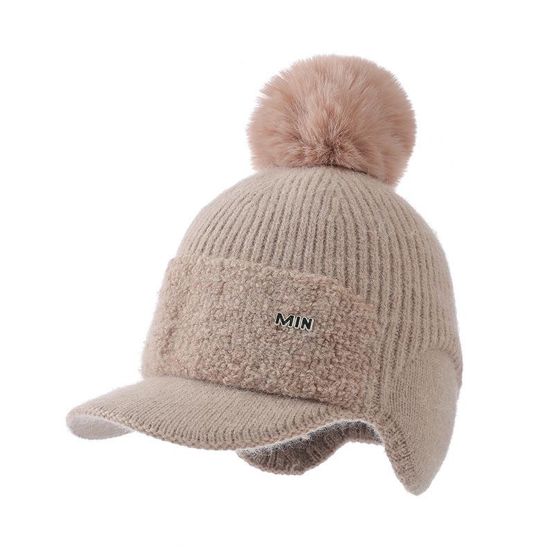 Knitted Wool Hat Women's Autumn and Winter Outdoor Cycling Windproof Hairball Hat Cold-proof Warm Fleece Ear Hat