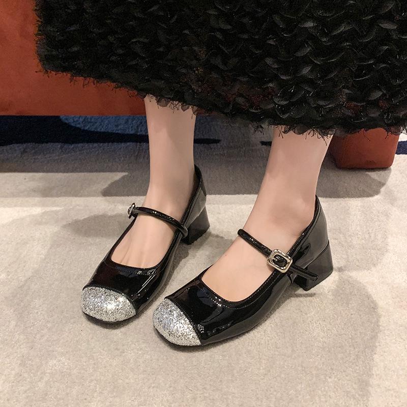 

Летние женские туфли Мэри Джейн с пайетками: Туфли с квадратным носком и толстым каблуком на одном ремешке 36
