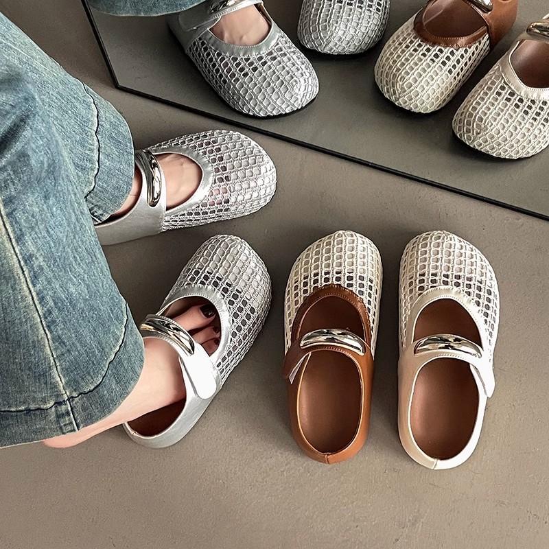 New summer fashion low heel hollow Mary Jane shoes inner height increase flat bottom woven breathable round head casual hole shoes