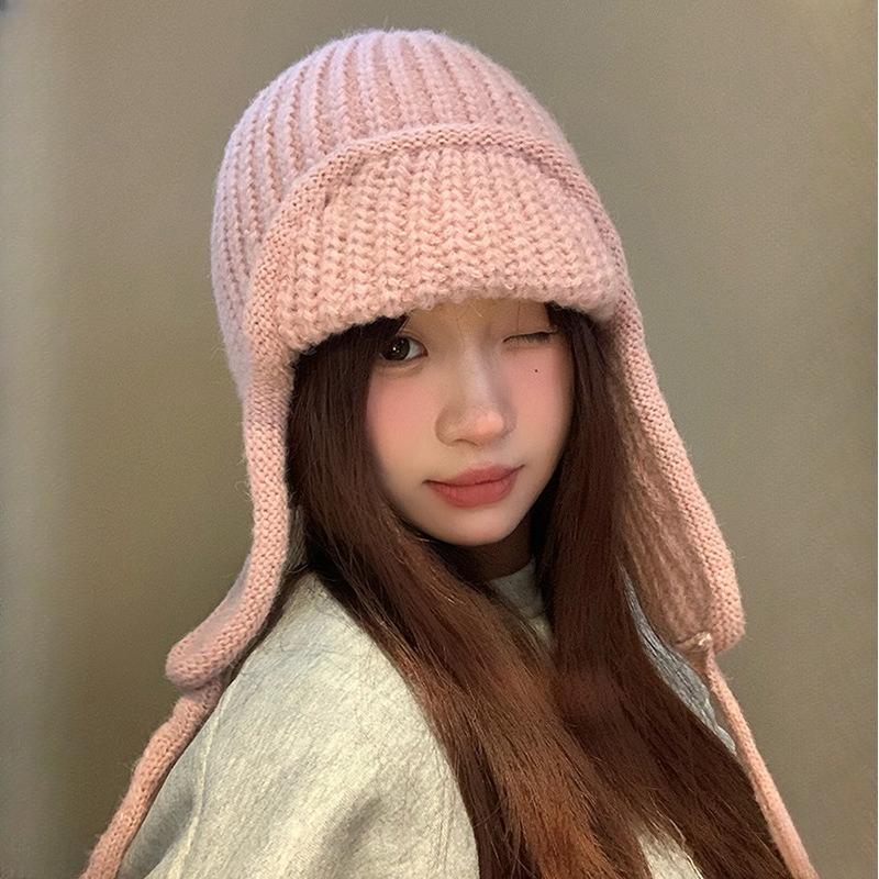 Autumn Winter Pink Knitted Women's Earflap Pilot Hat Warm Versatile Face-Flattering Ski Wool Hat