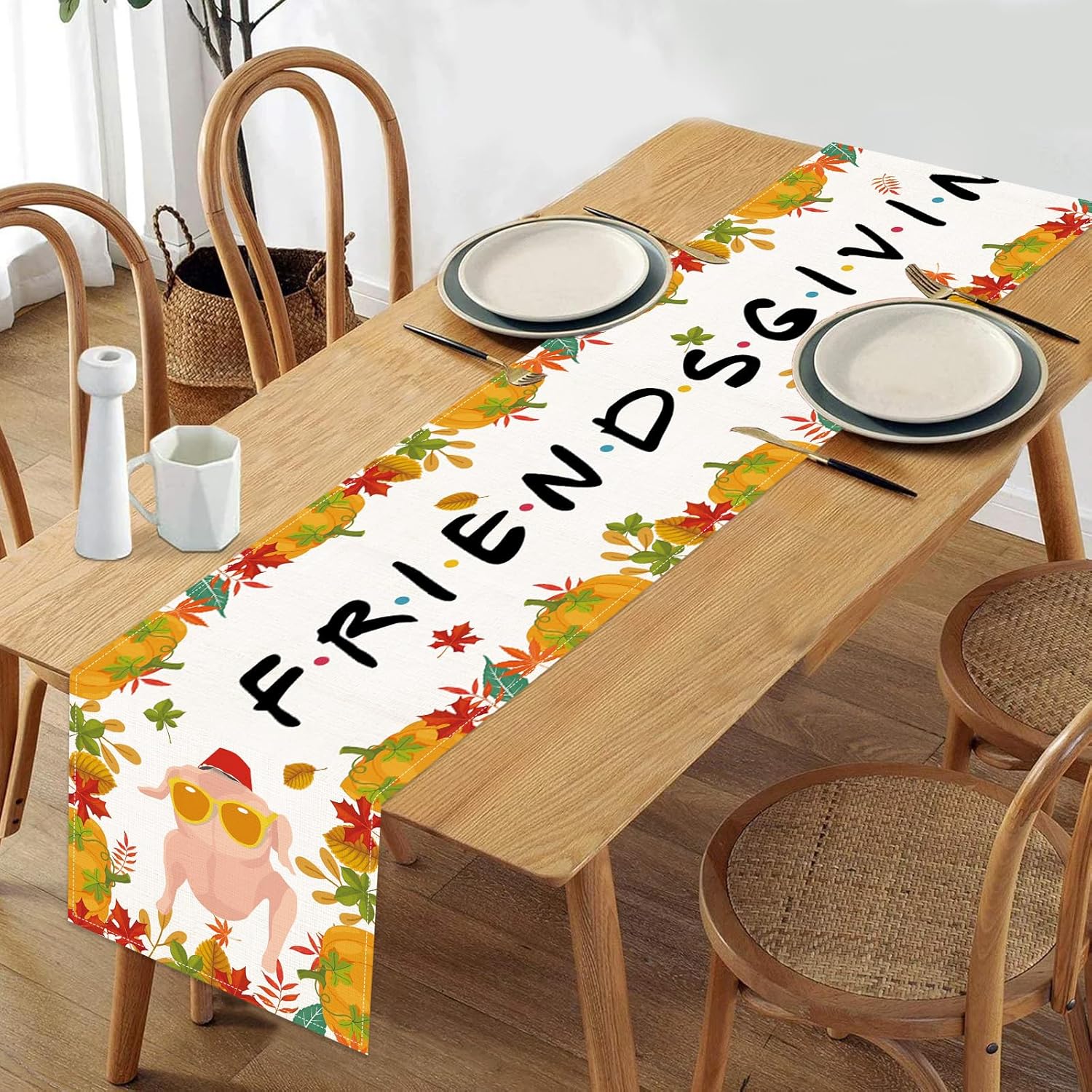 Friendsgiving Table Runner Friendsgiving Tablecloth 13x72in Long Linen Fall Turkey Maple Leaves Pumpkin Friends Giving Runners for Indoor Outdoor