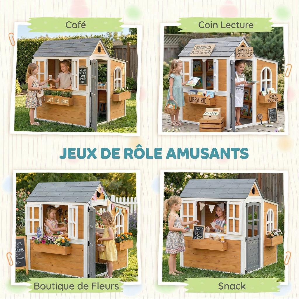 Outdoor Wooden Playhouse for Children, Door, Windows, 3 Flower Boxes, Yellow