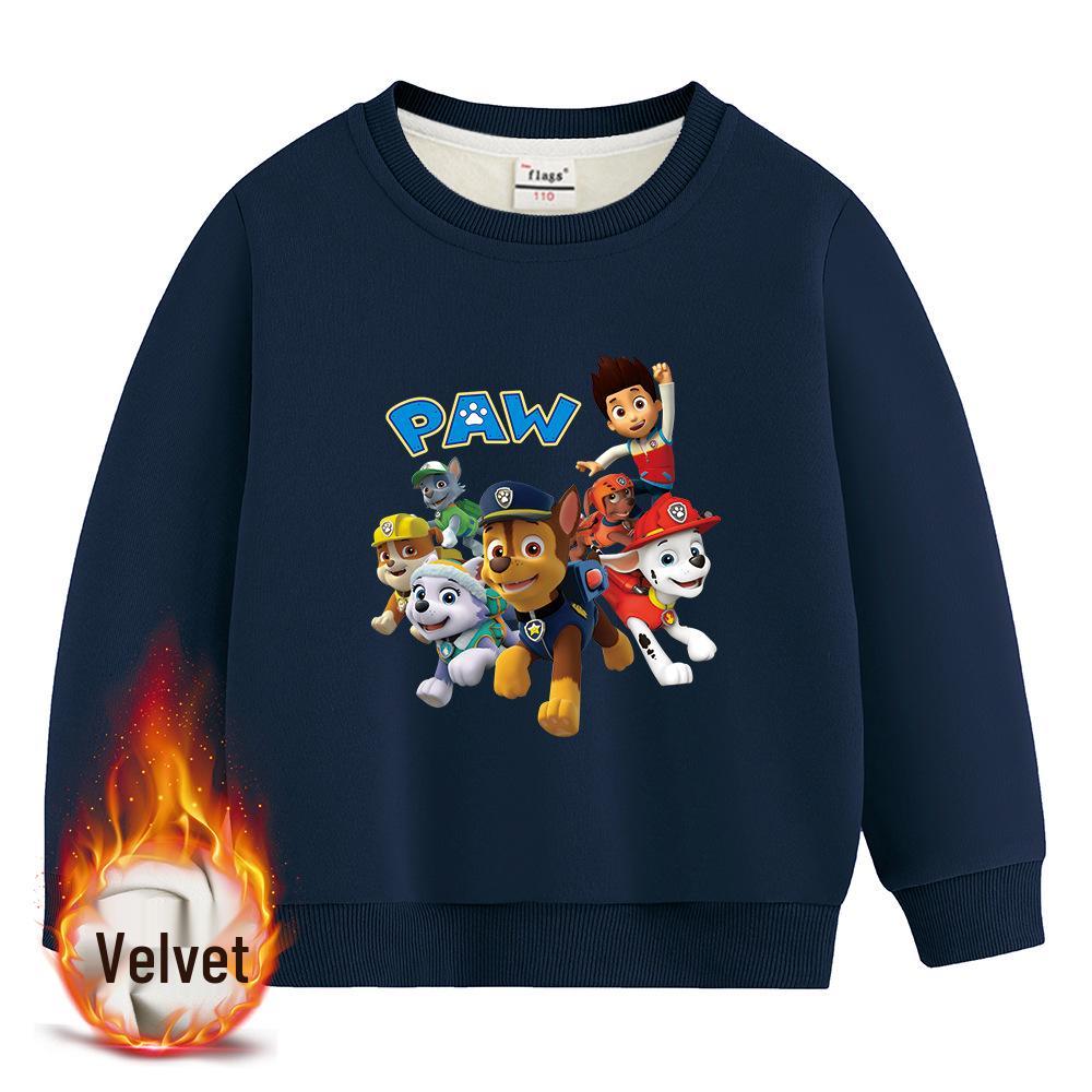 Paw Patrol Boys' 2025 Autumn Korean Style Plus Velvet Hoodie - Round Neck Pullover
