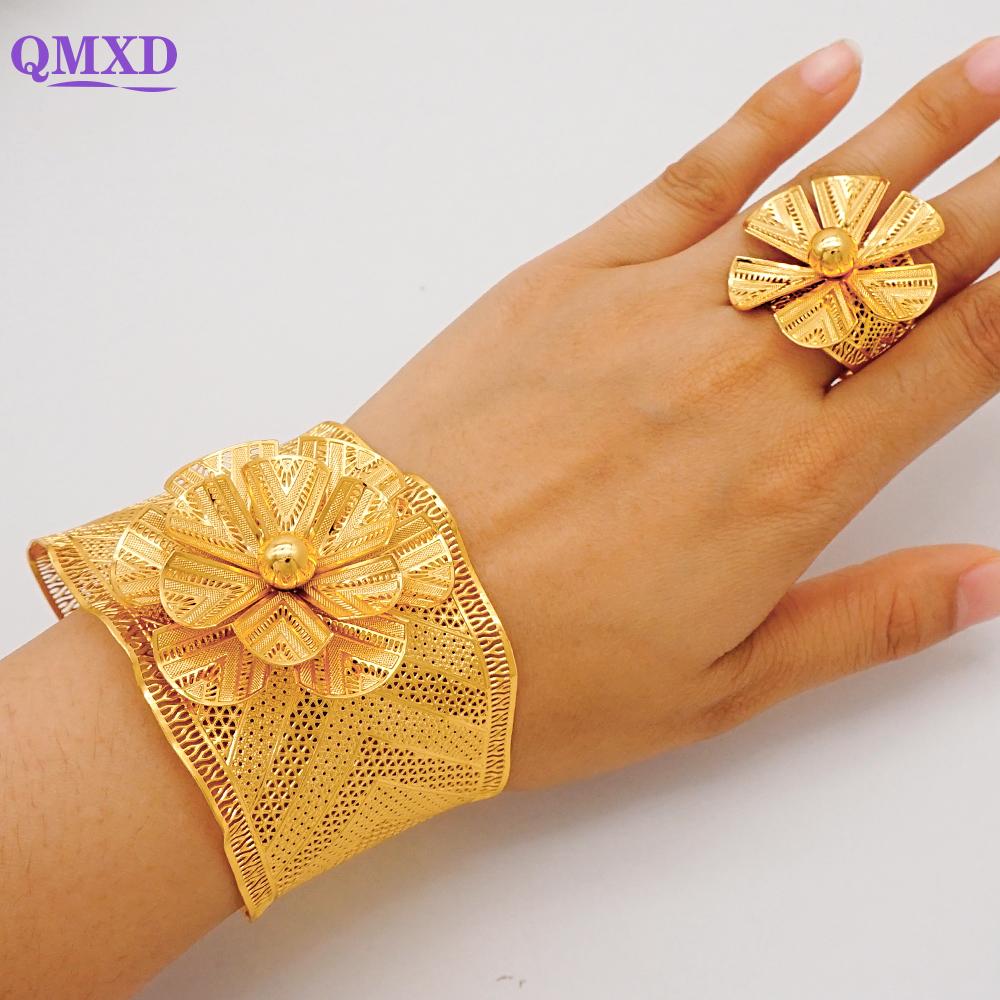 Dubai Gold Color Bangle With Ring For Women Charm Chain Cuff Bracelet Indian Bracelet Arabic France Bridal Wedding Jewelry Gifts