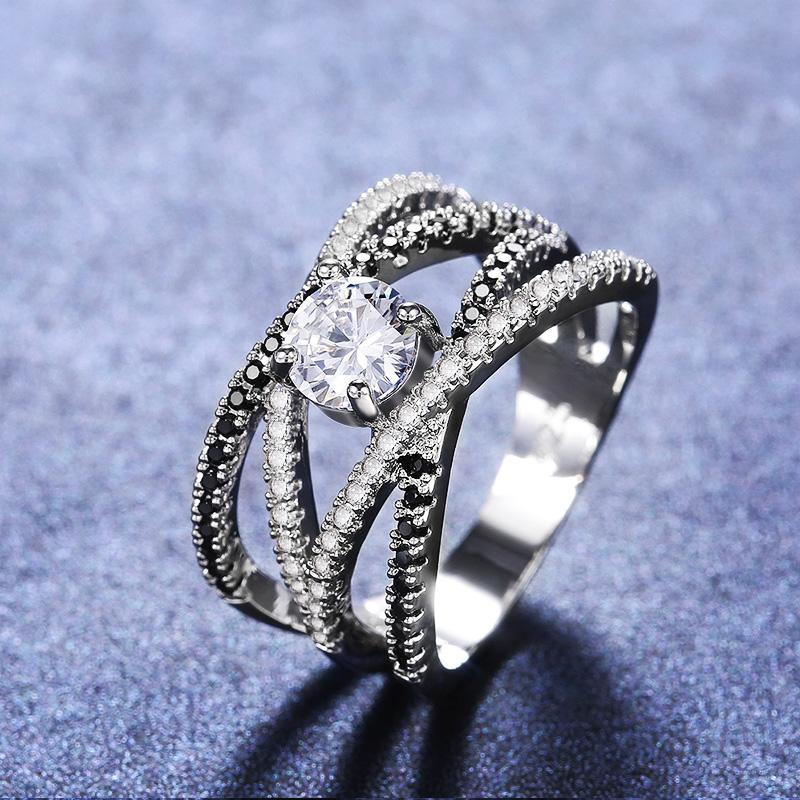 New Unique Black Cubic Zirconia Hollow Out Ring for Women Fashion Female Modern Wedding Jewelry Rings