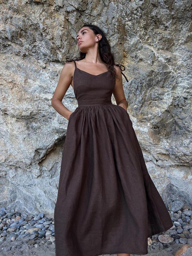 European Cross 2024 Pure Cotton V-neck Spaghetti Strap Midi Dress with Lace-Up Open Back