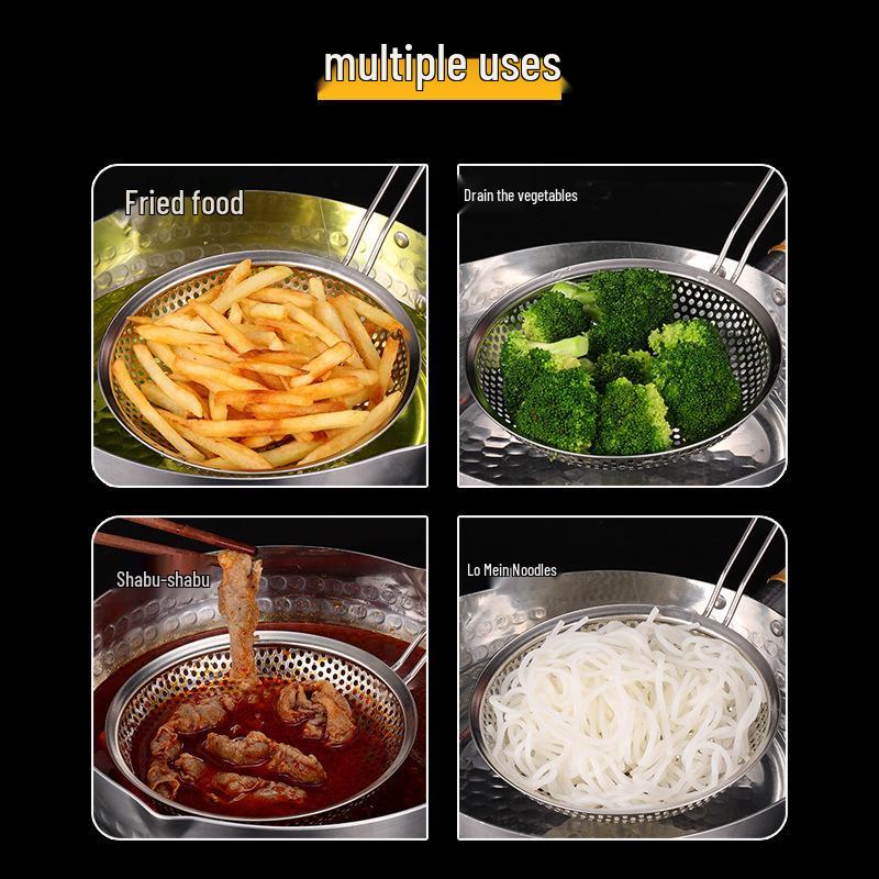 Wooden Handle Stainless Steel Perforated Oil Skimmer Ladle for Dumplings and Noodles - Thickened Frying Spoon Strainer.