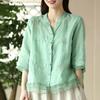 New retro cotton and linen shirt women's literary cardigan embroidered shirt temperament splicing design sense thin top
