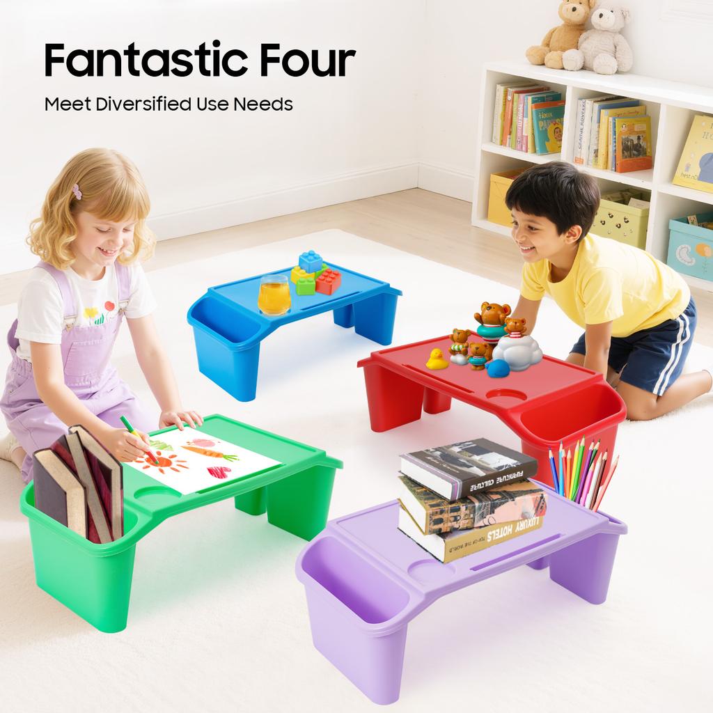 4 Peças Mesinha de Colo para Crianças, Mesas de Cama Empilháveis Portáteis com Porta-Copos, para Crianças Comerem, Desenhar, Ler na Cama, Sofá, Chão