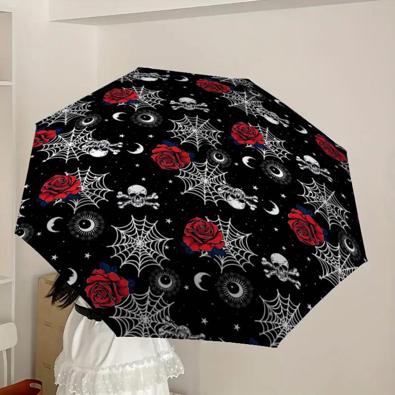 1pc Gothic Roses and Skulls Pattern Umbrella with Plastic Handle,Suitable for All Seasons Home Travel Outdoor UmbrellaDD1803