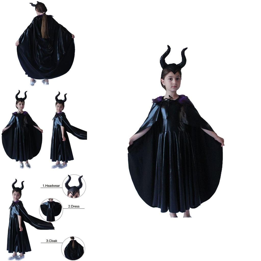 Captivating Maleficent Sorceress Evil Queen Girls Fancy Dress Halloween Costume With Horned Headwear