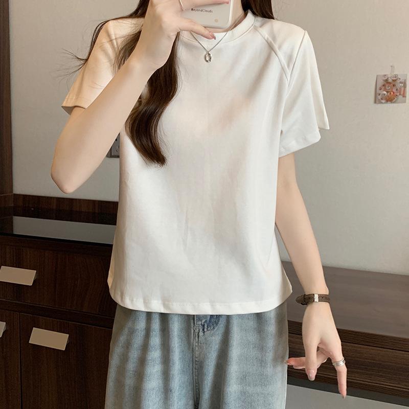 Sommer Neues einfarbiges Raglanärmel Kurzarm-T-Shirt für Damen Rundhals Fischgräten Schulter Slim Top