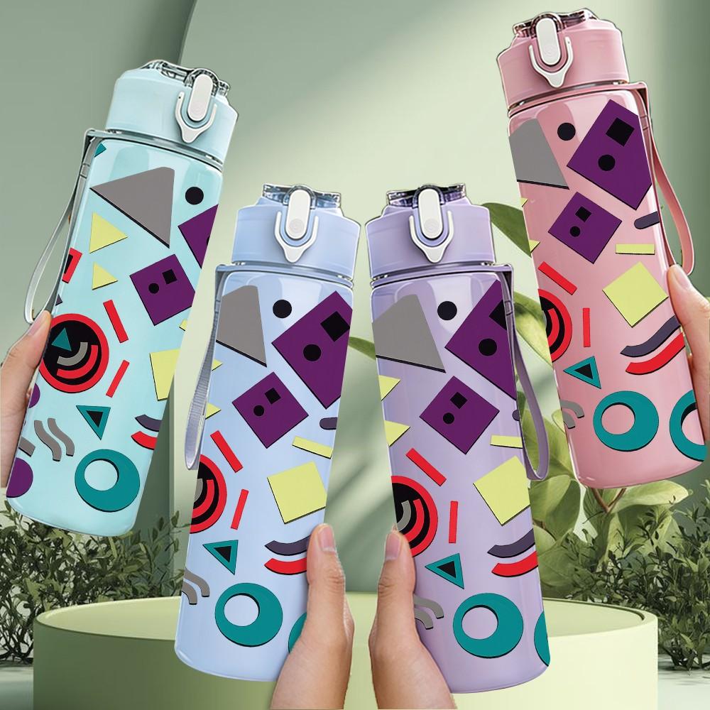 1PC Colorful Geometric Shape Doodle Print 750ml Color Plastic Sports Water Bottle Leakproof Flip Straw Lid Suitable for Sports Office Home Use