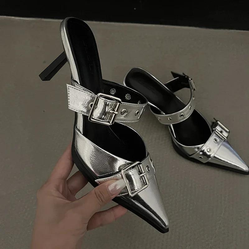 Fashion Punk Metal Buckle High Heels Shoes for Women Sexy Pointed Toe Stiletto Heel Sandals Woman Summer 2025 Fashion Party Silver Pumps
