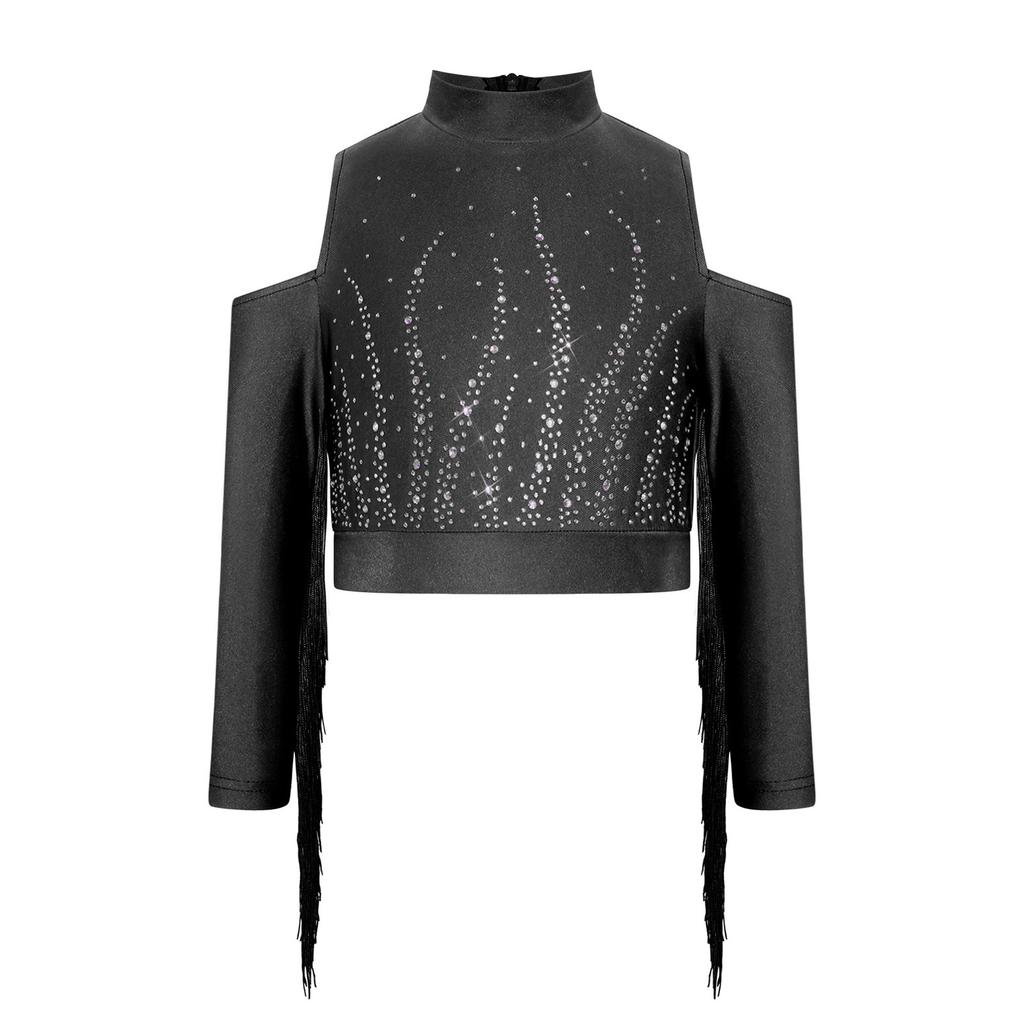 Girls Latin Dance Tops Tassels Long Sleeves Back Invisible Zipper Shiny Rhinestones Crop Top