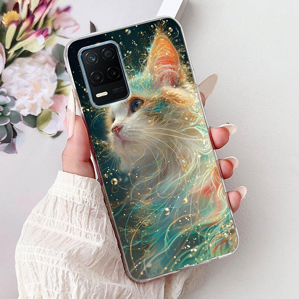 Pro telefon Realme 8 5G RMX3241 Pouzdro na telefon Realme8 5G Elegantní Květinový Potisk Kočky Měkký Silikon Průhledné TPU Pouzdra
