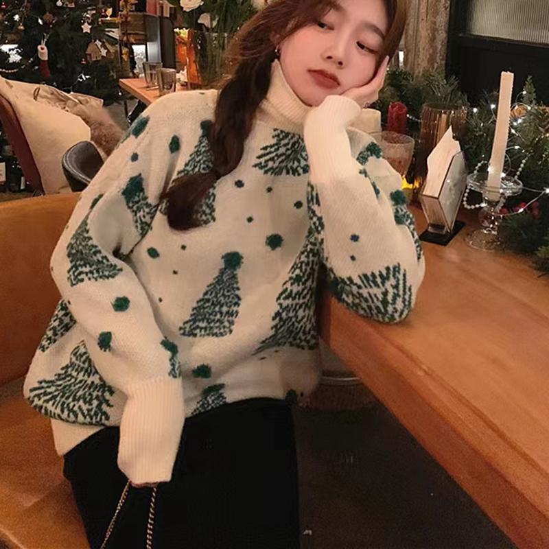 Christmas Red Turtleneck Sweater Women's Autumn Winter Vintage Casual Loose Pullovers Long Sleeve Christmas Tree Knitted Tops