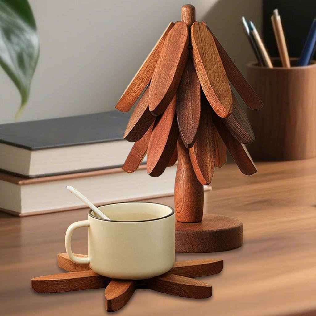 4pcs Wood Trivet Tree With Bracket/ Tree Trivet Wooden Coaster Non-Slip Cup Coaster Set Table Mat Holders Heat Insulated Pad