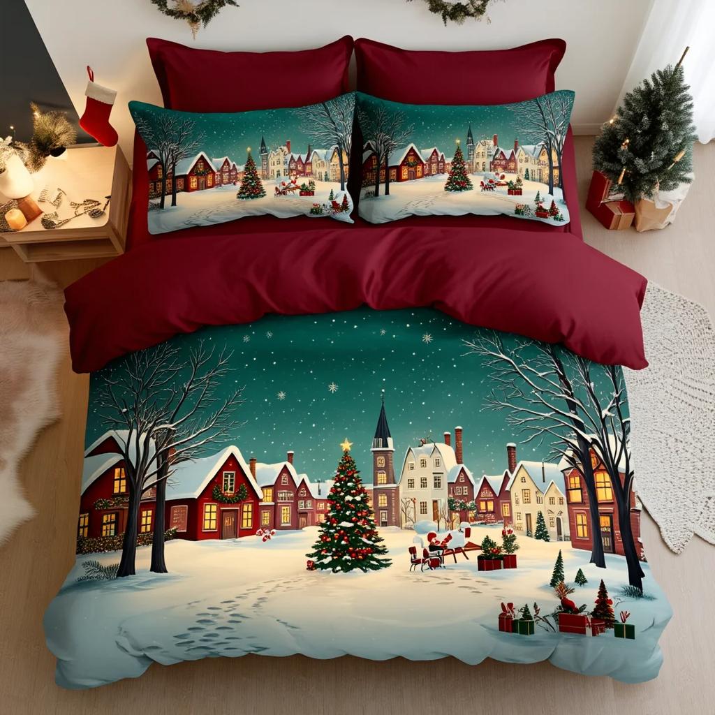 3Pcs Christmas Story Town Bedding Set Duvet Cover Warm Village Print Soft Polyester Queen Size Home Decor Holiday Gift