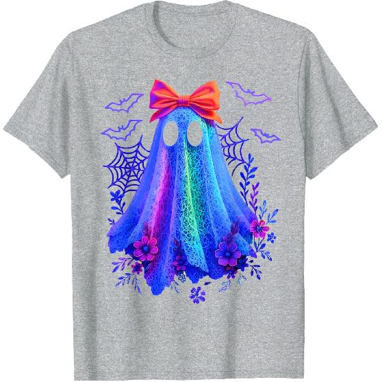 Cute Boo Halloween Ghost Bow Flower Neon Ghost Halloween T-Shirt