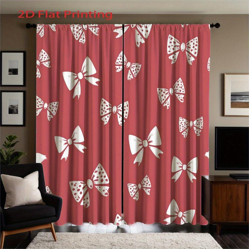 2pcs, 2D Flat Printing Curtains Red Background with White Bowknots Pattern for Amazon US, Rod Pocket Velvet Fabric Wind