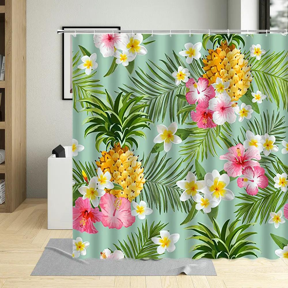 Tropical Pineapple Shower Curtains Watercolor Fruit Leaves Palm Leaf Flower Plant Bath Curtain Sets Modern Fabric Bathroom Decor