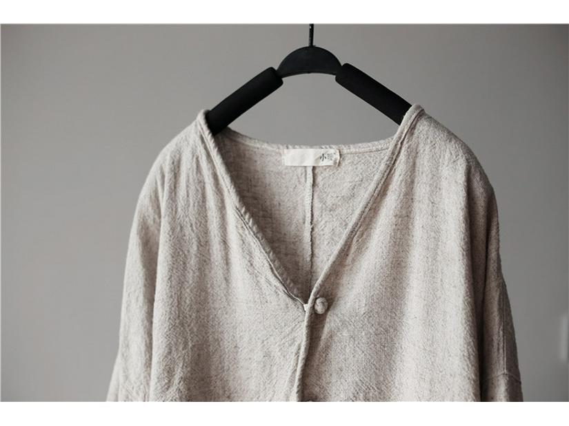 Dámský retro lněný kardigan - Národní styl, jednobarevný, ležérní volný střih na jaro a podzim